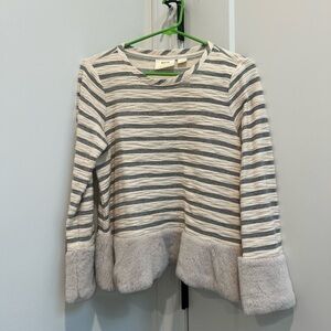 Anthropologie - Maeve Striped Long Sleeve Blouse with Faux Fur bottom (XS)